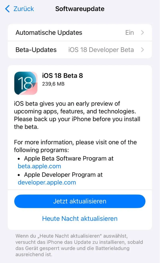 石河子乡苹果手机维修分享苹果 iOS / iPadOS 18 开发者预览版 Beta 8 发布 